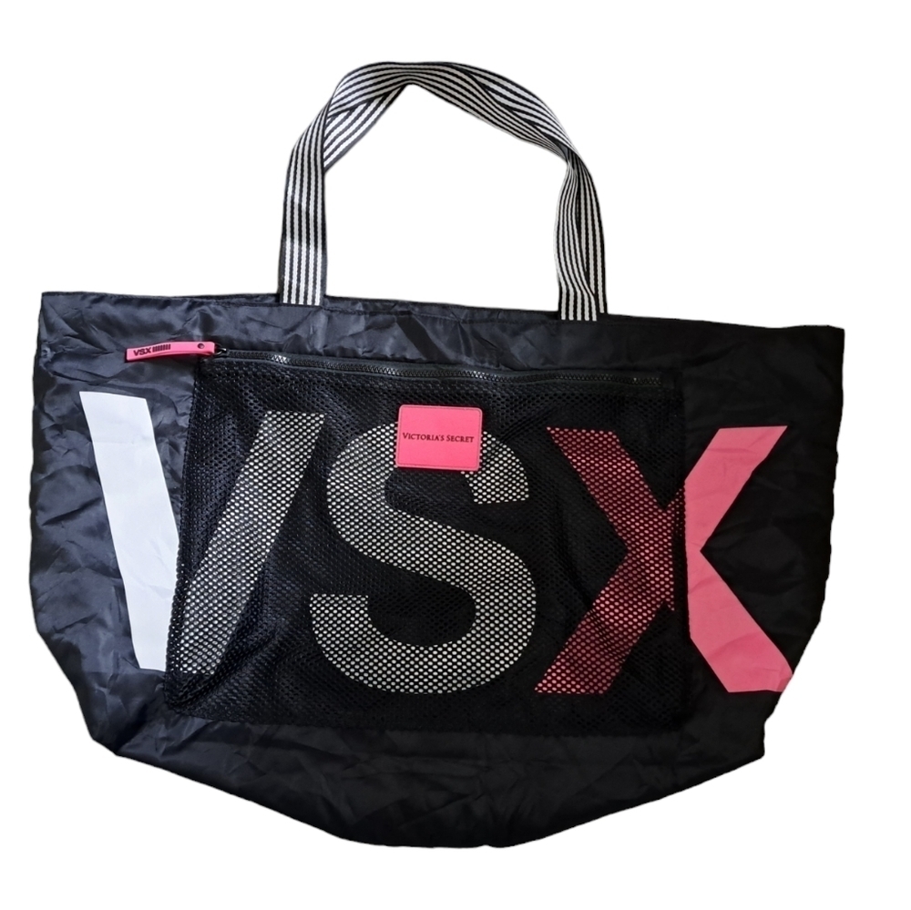 VICTORIA'S SECRET VSX gym bag Beach tote travel black white PINK coastal ROOMY